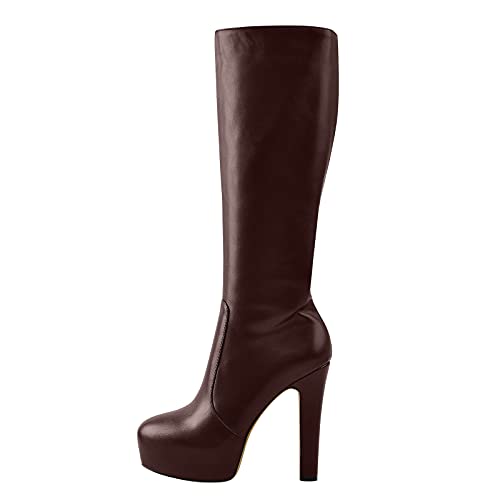 Image of richealnini Women's Low Platform Block High Heel Knee High Boots with Zipper