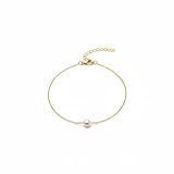 foyjoey 18K Gold Plated Tiny Pearl Bracelets for Women Simple Gold Single Pearl Chain Bracelet Stainless Steel Dainty Bracelet Bridesmaid Jewelry