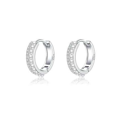 SLUYNZ Sterling Silver Small Pearls Huggie Earrings - Women Teens CZ Pearls Hoop Earrings for Wedding & Bridal Occasions