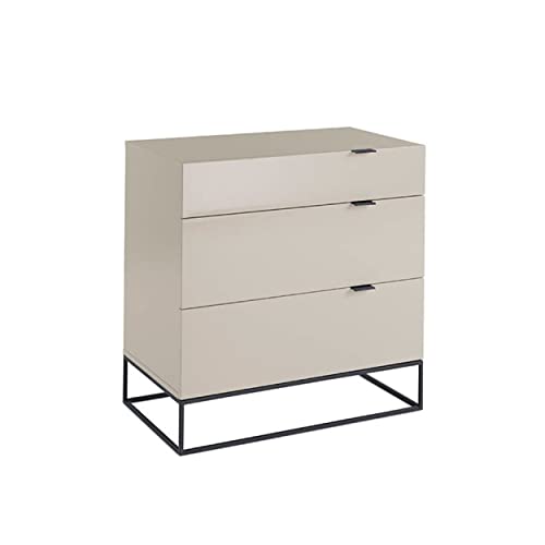 Angel Cerdá - Commode en Bois Laqué Gris Perle Brillant - Meuble Commode avec 3Tiroirs à Fermeture Retardée et Pieds en Acier Noir - Moderne et...