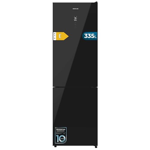 Cecotec Frigorífico Combi 335L No Frost Bolero CoolMarket Combi 335 Black Glass E. Altura 195,3cm y 59,5cm Ancho, Compresor Inverter Plus, Bajo Consumo, Estantes de Cristal, Cajón Control de Humedad