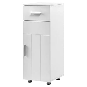 EUGAD Ruimtebesparende badkamerkast, zuilkast, houten kast, vrijstaand, met lade, deur en verstelbare plank, wit