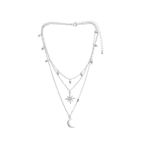 Spiritrain Silver Moon Star Crystal Necklace - Boho Charm Crescent Lucky Stars Small Bell Tassel Sparkly Rhinestone Cubic Zirconia Chain Necklace for Women - Christmas Birthday Trendy Jewelry Gifts