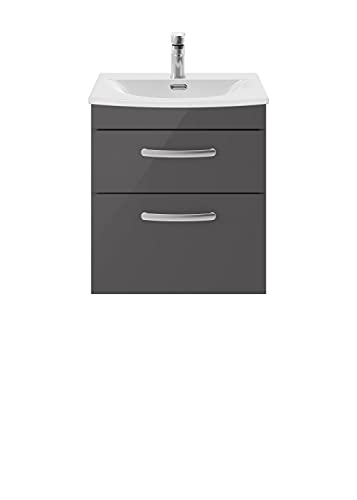 nuie ATH074G Athena Modern Bathroom Wall Hung 2 Soft Close Drawers Vanity Unit with Curved Ceramic Basin with 30mm Profile, 500mm, Gloss Grey