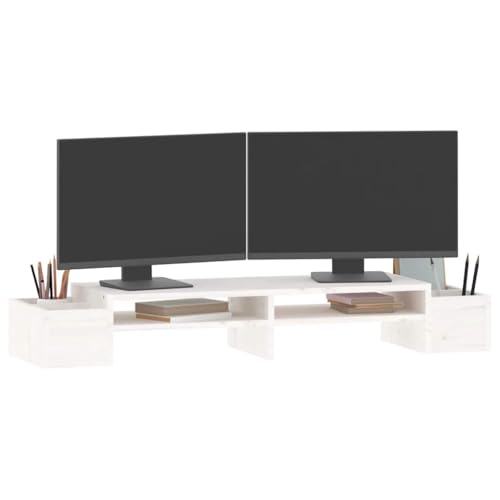 Support de moniteur blanc en pin massif avec rangement 100cm - 4