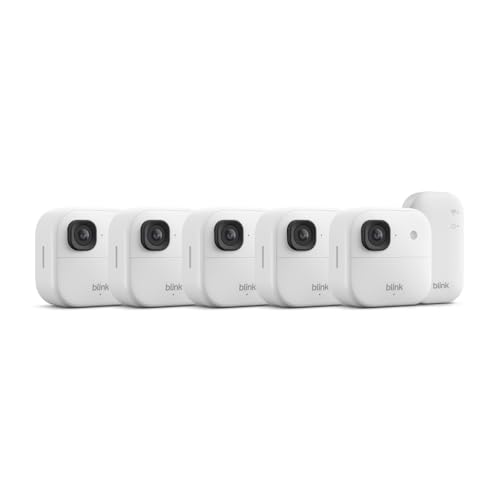Blink Outdoor 2K+ (newest model) — Wireless smart security camera, 2K video resolution, enhanced audio, two-year battery. Sync Module Core included — 5 camera system (White)