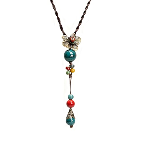 ROJEMXVE Boho Necklaces for Women Vintage Colorful Ceramic Bead Long Pendant Chain Hippie Bohemian Antique Flower Mystery Jewelry Jar Gifts Blue