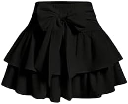 BEAUDRM Women's Bow Front Mini Skirt High Shirred Waist Layered Ruffle Hem Short Cake Skirts Black Small