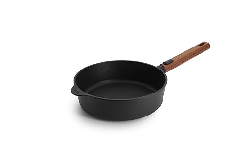 Woll Eco Logic QXR   Sartén de hierro fundido (inductiva, diámetro de 24 cm, 7 cm de alto, con mango de madera sostenible extraíble, apta para todo tipo de cocinas, sin PFAS, revestimiento