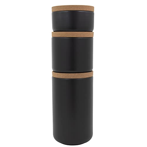 Image of Kamenstein Ceramic and Cork Set of 3 Stackable Canisters, 1 /2 qt, 1 qt, 2 qt, Black