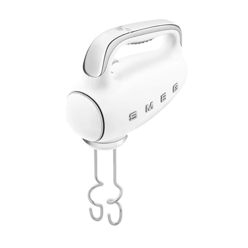 SMEG White 50's Retro Style Electric Hand Mixer with Set of Dough Hooks, Set of Beaters, and Set of Whisks