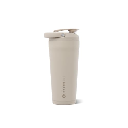Image of HydroJug Insulated Protein Shaker Bottle 24 oz, Silent Mixing, Dune | Leak-resistant, triple wall insulated, flip-top cap, antimicrobial Tritan lid, bucket handle, cup holder fit, dishwasher safe