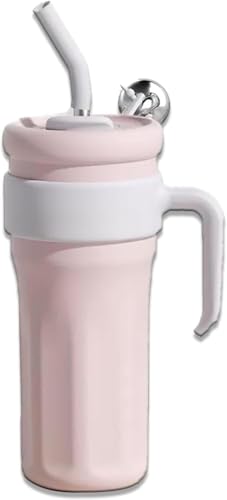 Vilom タンブラー 保温 保冷 広口 直飲み 蓋付き 大容量 1.25L 水筒 ストロー付き 手提げひも付き スポーツボトル ステンレス おしゃれ アウトドア オフィス レジャー 運動会 プレゼント 母の日 (ピンク)