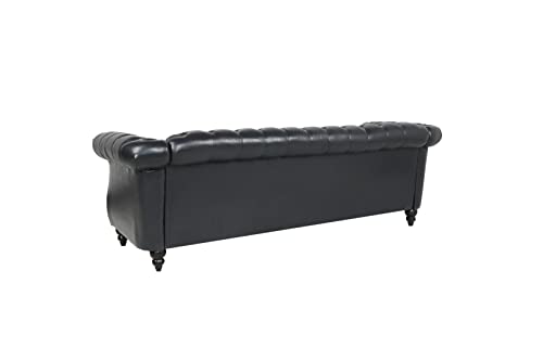 Image of Chesterfield Sofa Leather, Modern PU Tufted Couch 3 Seater with Rolled Arms and Nailhead for Living Room, Bedroom, Office, Apartment (Black)