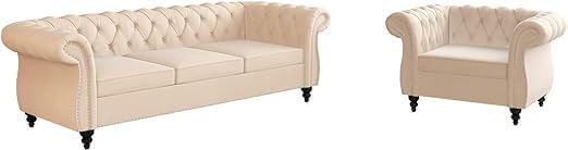 Image of Solid Wood Velvet Fabric L Shape Sofa Sofa for Living Room Button Tufted Sofa Chair for Home & Office (Left Aligned L-Shaped (Beige)