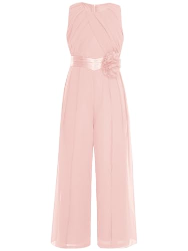 Miutii Mädchen Jumpsuit Festlich Overall Elegant Hosenanzug mit Blumen Taillengürtel Weites Bein Hose Hochzeit Geburtstag Party Outfits Rosa 146-152