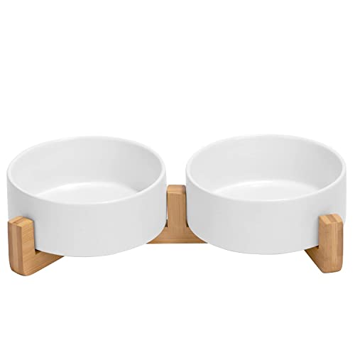 Katzen- und Hundenapf-Set mit Bambusständer, kleine Hunde-/Katzenfutterschalen, modernes gewichtetes Futter-Wasser-Set für kleine Hunde und Katzen (weiß+weiß) Cover