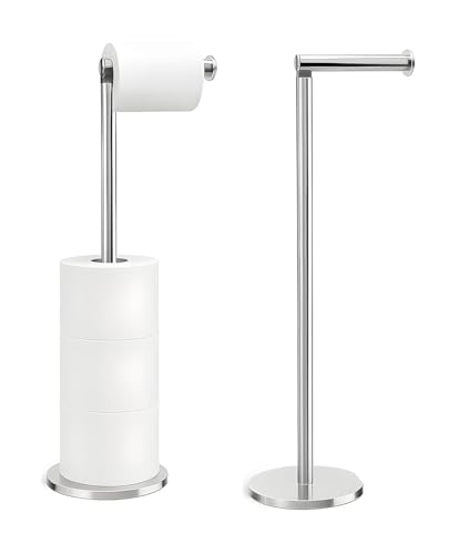 Freestanding Toilet Roll Holders – Durable Stainless Steel 2-in-1 Toilet Paper Stand, Holds 1 Roll & Stores 3 Extra, Anti-Slip Base for Bathroom Stability (Chrome)