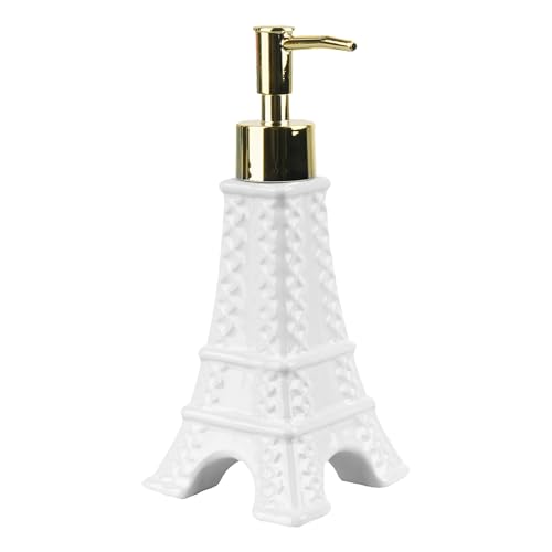 Bathroom Soap Dispenser Eiffel Tower Shape Decor, 7oz Cute Parisian Touch Ceramic Refillable Pump Dispenser Bottle for Modern Kitchen Decor, White
