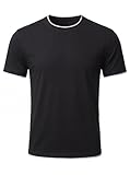 Hisir Camiseta casual de manga corta con cuello redondo para hombre, con ribete de contraste, mezcla de algodón, elástica, ajuste regular para verano y uso diario, negro, blanco, S