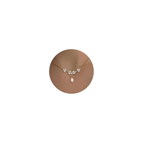 BSGRL Pearl Necklace for Women - 14K Gold Plated Cubic Zirconia Accented Leaf Design Teardrop Wedding Bridal