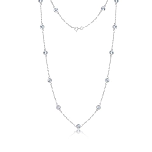 Image of TRUESILVER ACPL 925 Sterling Silver BIS Hallmarked Round Cubic Zirconia Station Cable Link Chain Necklace for Women and Girls