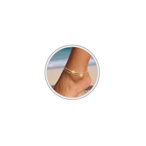 Image of Freekiss Sterling Silver Ankle Bracelets for Women: Dainty Layered Waterproof Anklet for Women Adjustable Womens Anklet Set Stackable Figaro Beaded Cuban Link Anklets Beach Jewelry for Women