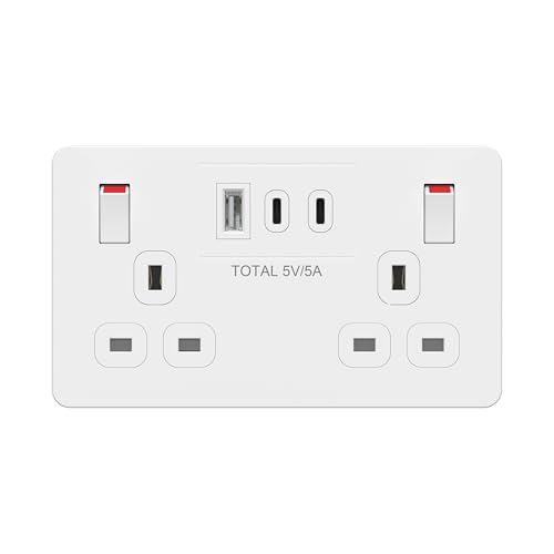 LIDER 2-Gang Switched 13A Double Socket with USB TYPE C & A Charger Ports 25W Combined Output Always-On USB Child Safe Low Energy Standby Glossy Finish White