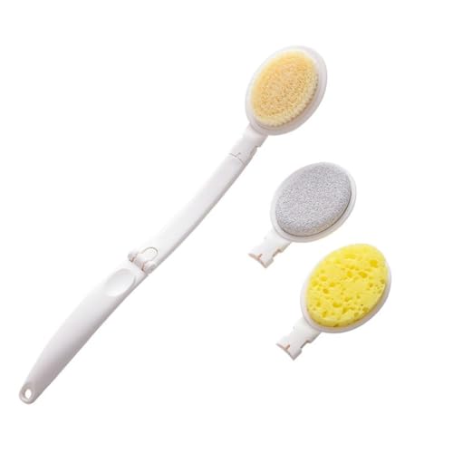 Wenrescry Brosse corps, Brosse dos douche - Brosse 3 en 1 avec Manche Long Pliable, 3 Têtes Remplaçables (Éponge, Nylon, Pierre Ponce) pour Nettoyage et...