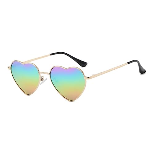 RUNHUIS Polarisiert Herzform Sonnenbrille Damen Herren Hippie Brille Vintage Liebe Sonnenbrille für Festival Party Gold Metallrahmen mit UV400 Gold/Regenbogen gespiegelt