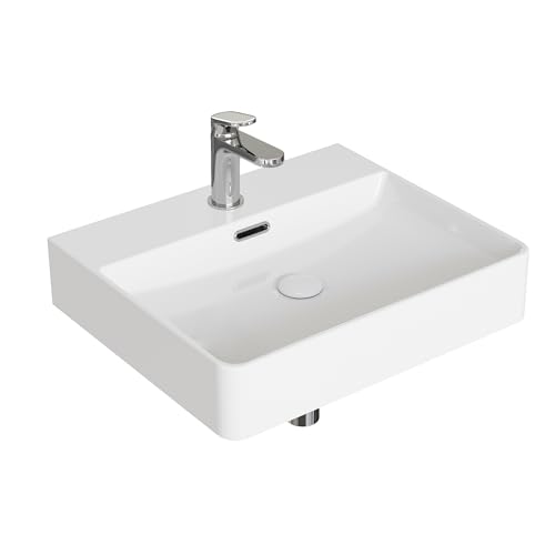 HOROW Waschbecken 50 cm Keramik, Modernes Aufsatzwaschbecken mit Hahnloch & Überlauf, Weiße Hängewaschbecken Waschtisch Bad für Badezimmer, Gäste WC & Garten, leicht zu reinigen