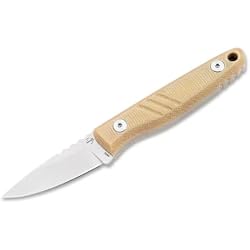 Boker Plus Five Point Nine fixed blade knife, rugged full tang 440C stonewashed blade with micarta light brown handle