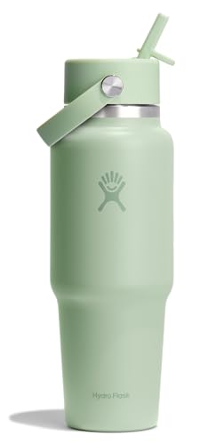 Hydro Flask Travel Water Bottle - Insulated Stainless Steel - Wide Straw Lid, Non Spill, Leakproof in 32 Oz Aloe Green