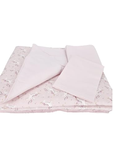 Pembe at desenli el yapımı bebek yorganı, çarşaf ve yastık üçlü set
