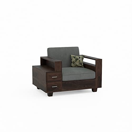 Image of Solid Sheesham Wood Sofa Set 1 Seater, Sofa Sets for Living Room, One Seater Sofa Set with Attached End Table, 2 Drawer Storage, Walnut Finish