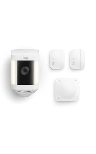 Image of Ring Spotlight Cam Plus, Battery, White with 2 Window and Door Sensors (newest model) and Motion Detector (newest model)