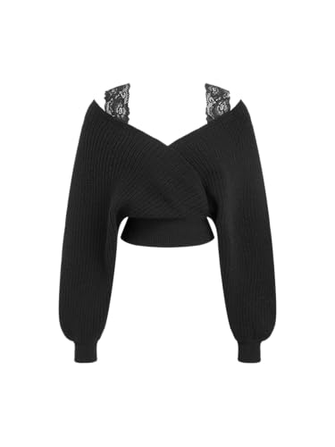 CIDER Cropped Sweaters for Women V-Neck Lace Knitted Long Sleeve Women Sweaters Pullover Trendy