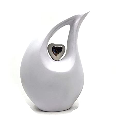 KEEPSAKE COMPANY Weiße, tropfenförmige, mittelgroße Urnen für menschliche Asche mit silbernem Herz (15,2 cm Höhe) – einzigartige mittelgroße Urne für Beerdigungen – kleine Haustierurne, weiß matt