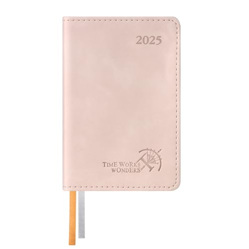 POPRUN Mini Agenda 2025 Semana Vista Pequeño en Español 8 x 12 cm - Semanal A7 con Tapa Blanda en Cuero PU y Papel de 70 g/m² EU, Rosa Pálido