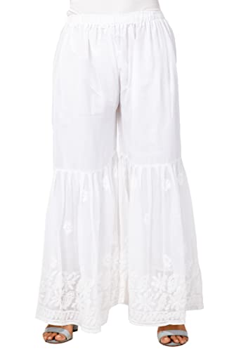 Image of FAWOMENT Unique Exclusive Hand Embroidered Lucknowi Chikankari White Georgette Palazzo for Women