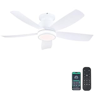 Ceiling Fans with Lights and Remote/APP Control, 41 inch Low Profile Flush Mount Ceiling Fan with Lights, LED Dimmable 5 Reversible Curved Blades 3 CCT 6 Speeds for Bedroom Living Room, White