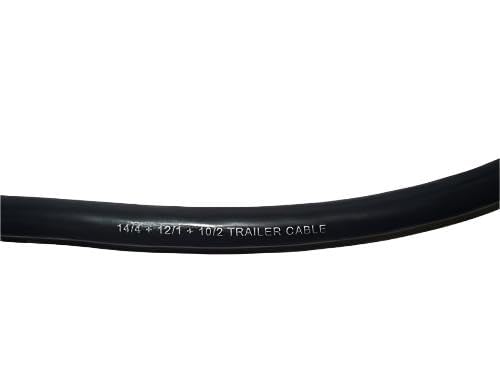 '14/4 + 12/1 + 10/2 ട്രെയിലർ കേബിൾ' എന്ന് പ്രതലത്തിൽ അച്ചടിച്ചിരിക്കുന്ന കറുത്ത ട്രെയിലർ കേബിളിന്റെ ഭാഗം.