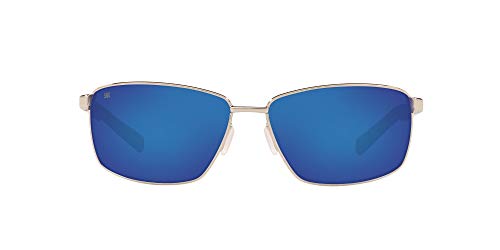 Costa Del Mar Men s Ponce Rectangular Sunglasses, Shiny Silver Blue Mirrored Polarized 580G, 63 mm