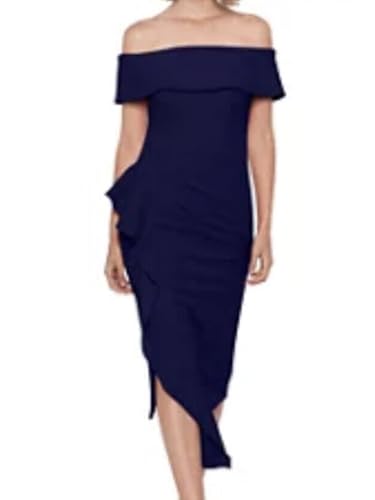 Image of Betsy & Adam Women's Women's Midi-Length, Off-The-Shoulder, Asymmetric Hem, with Draped Detail and Fitted Silhouette