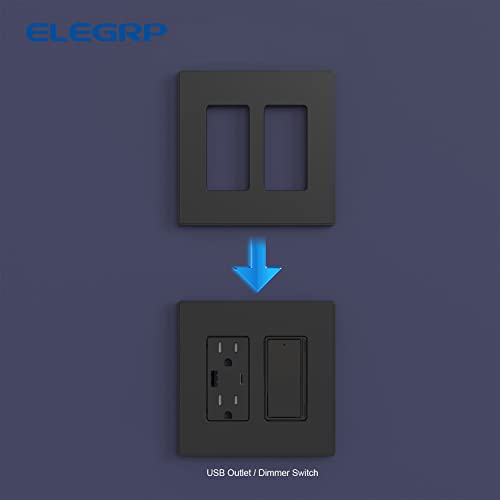 Image of ELEGRP 2 Gang Screwless Decorative Wall Plates, Mid-Size Unbreakable Thermoplastic Faceplate Cover for Decorator Receptacle Outlet Switch, UL Listed (5 Pack, Matte Black)