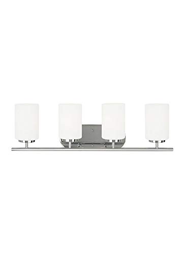 Image of Generation Lighting 41163-05 Oslo Four - Light Wall /Bath Vanity Style Fixture, Chrome, 100 Total Watts, 8.5 Inch Height, 28 Inch Wide, Steel Construction, Cased Opal Etched Glass Shades