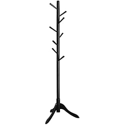 Perchero Madera Maciza VASAGLE Perchero de Pie, Perchero de Madera Maciza, Perchero en Forma de Árbol, 8 Ganchos, 3 Alturas Ajustables, para Ropa, Sombrero y Bolso, para Salón, Dormitorio y Oficina, Negro RCR001B01