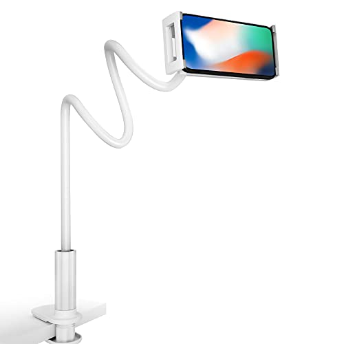 Image of Cell Phone Gooseneck Holder, Universal Gooseneck Phone Stand Clip Lazy Bracket Flexible Clamp 100CM 39.4inches Long Arms Mount (WHITE)