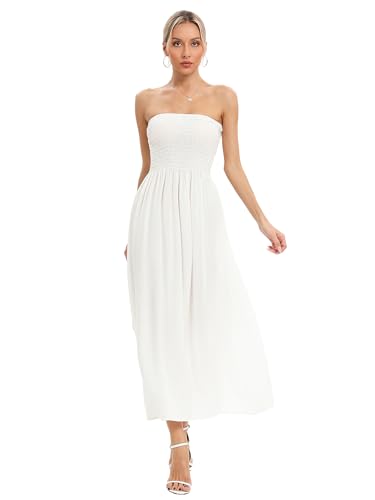 Image of Aigeman Women Strapless Tube Maxi Dress Flowy Swing Long Beach Sundress Sleeveless Boho Summer Dress with Pokets 330