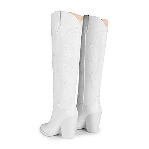 Isnom White Cowboy Cowgirl Boots For Women, Embroidered Western Cowboy Boots Tall Knee High Boots Chunky Block Heel Pointed Toes Slip On Boots #TOP3